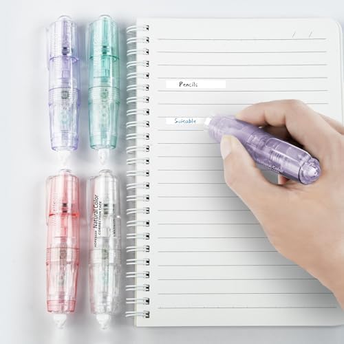 White Retractable Correction Tape, 4PCS Correction Dispensers Pre-Loaded, Cute Pull-Out Pen-Shaped Applicator, Anti-Break Tape for Office Supplies (Transparent, Green, Pink, Purple)