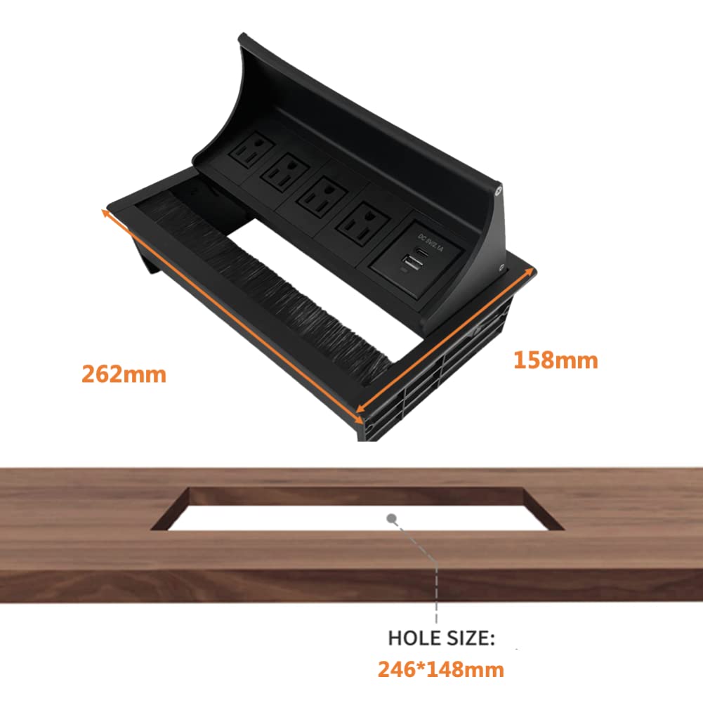 ZESHAN Brush Cable Cubby Connectivity Box Conference Table Power Box with Power Socket, USB and Type C Charger, Black