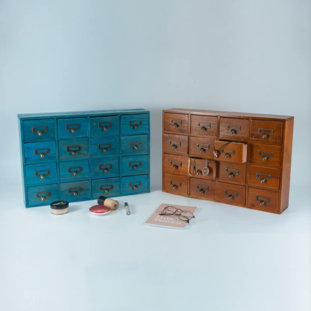 16 Drawers Apothecary Cabinet with Drawers Tabletop Apothecary Chests and Cabinets Library Card Catalog Cabinet Herb Storage Box Wooden Desk Drawer Organizer Medicine Vintage Furniture (BLUE)