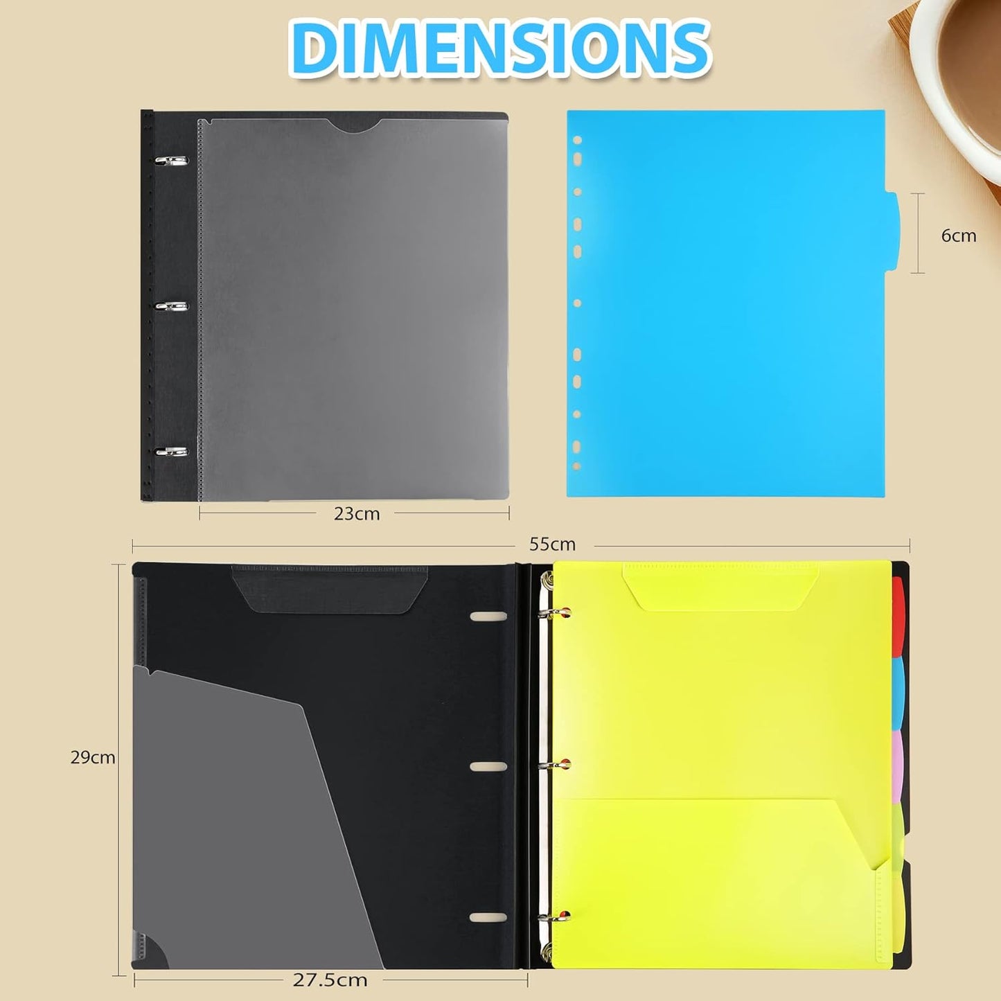 WOT I 1-Pack Telescoping 3 Ring Binder Notebook - Customizable Cover, 5 Dividers & Pocket Folder in One Slim Organizer (60 Sheets Included), Black