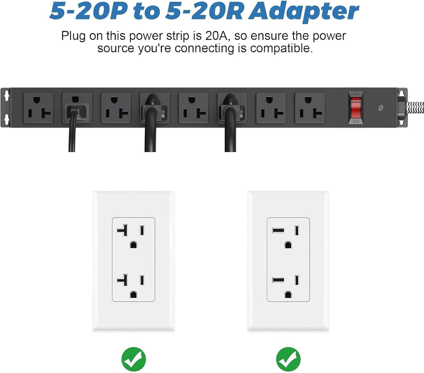 HEZI 20 Amp Power Strip Surge Protector 1200J, Metal 8 Outlets Heavy Duty 20amp, 10Ft 12 Gauge Extension Cord for Appliance Workbench Garage Industrial, Combine with T-Plug Adapter,5-20R T-Slot
