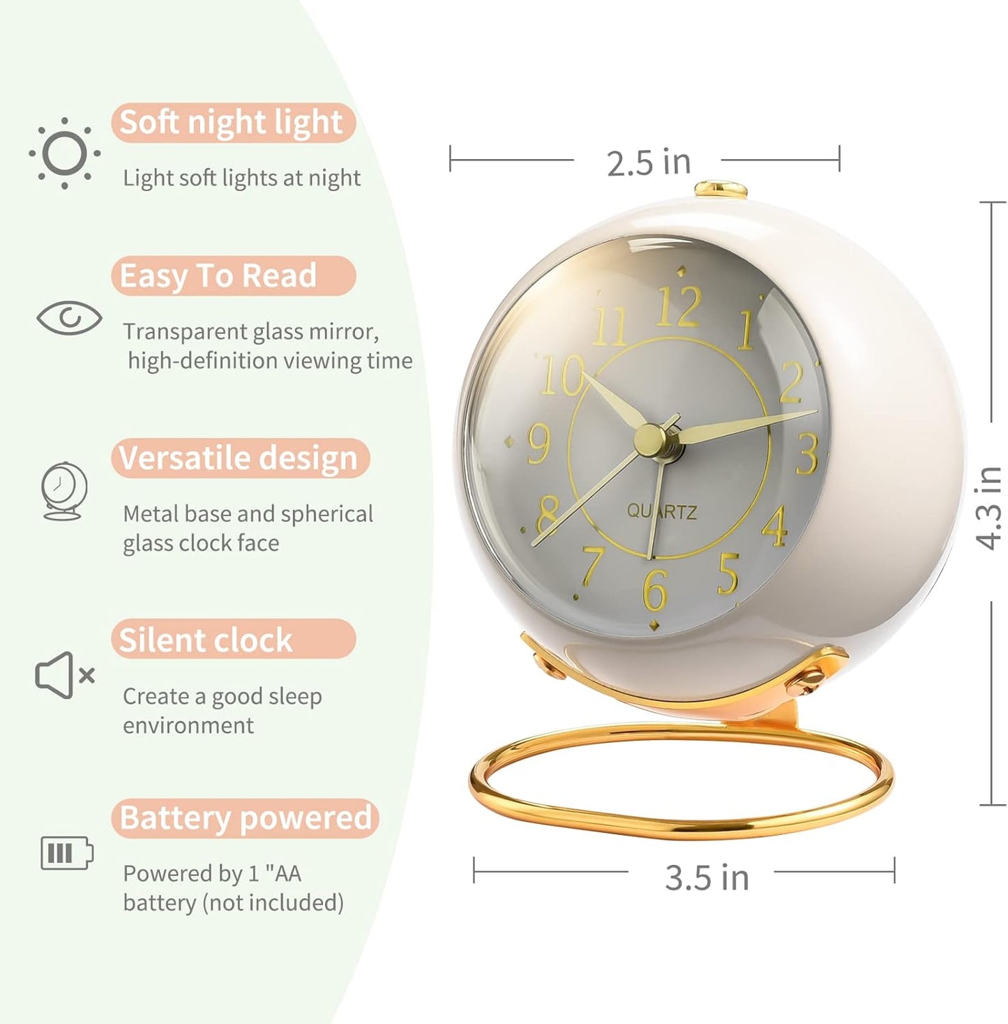 Analog Alarm Clocks,Retro Backlight Cute Simple Design Small Desk Clock with Night Light,Silent Non-Ticking,Battery Powered,for Kids,Bedroom,Travel,Kitchen,Bedside Desktop.(Green)