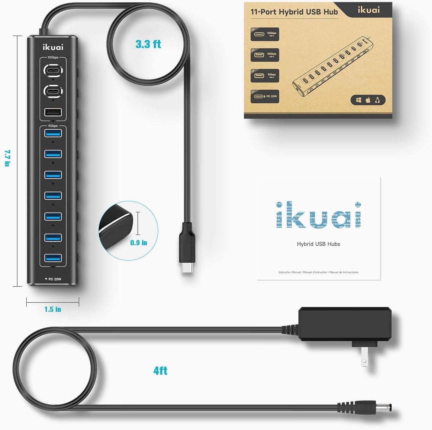 Powered USB Hub, 11-Port ikuai Hybrid USB 3.2/ USB C Hub with PD Charging Port and 60W Power Adapter, Aluminum USB Splitter Including 3 10Gbps Ports and 7 USB 3.0 Ports for PC, Laptop and More