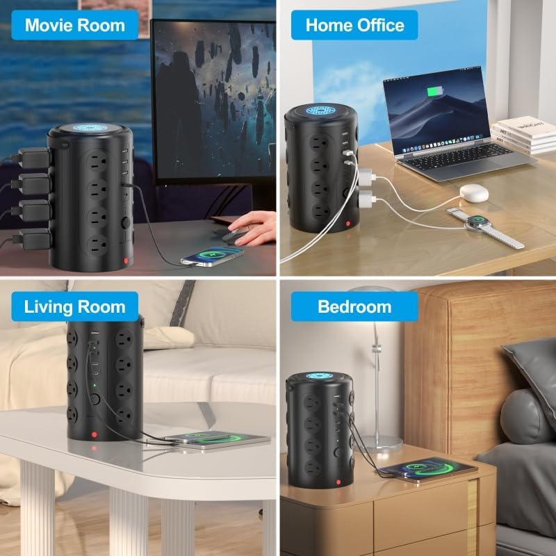 Surge Protector Power Strip,Desk Charging Station with 15W Wireless Charger, Multiple Outlets Charging Station with 16 AC Outlets & 5 USB (2 USB C) Port, for Home, Office, Dorm Room(10FT)