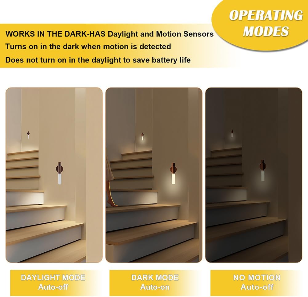 LANDGOO Wooden Motion Sensor Lights Indoor, Magnet Body Hallway Rechargeable LED Wireless Battery Operated Wall Sconce, Portable Decor Torch Night Lighting for Bedroom (Walnut Wood 2PCS)