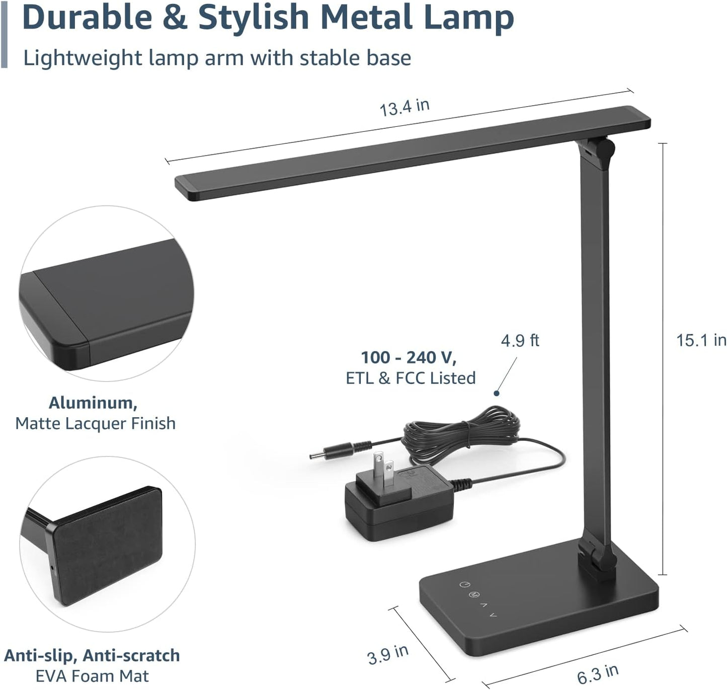 Lepro LED Desk Lamp for Home Office, 9.5W 750LM Metal Touch Control Desk Light, 5 Color Modes 5 Brightness Level, Eye Caring Task Lamp For Reading, Sewing, Crafts, School Supplies, Puzzle Light, Black