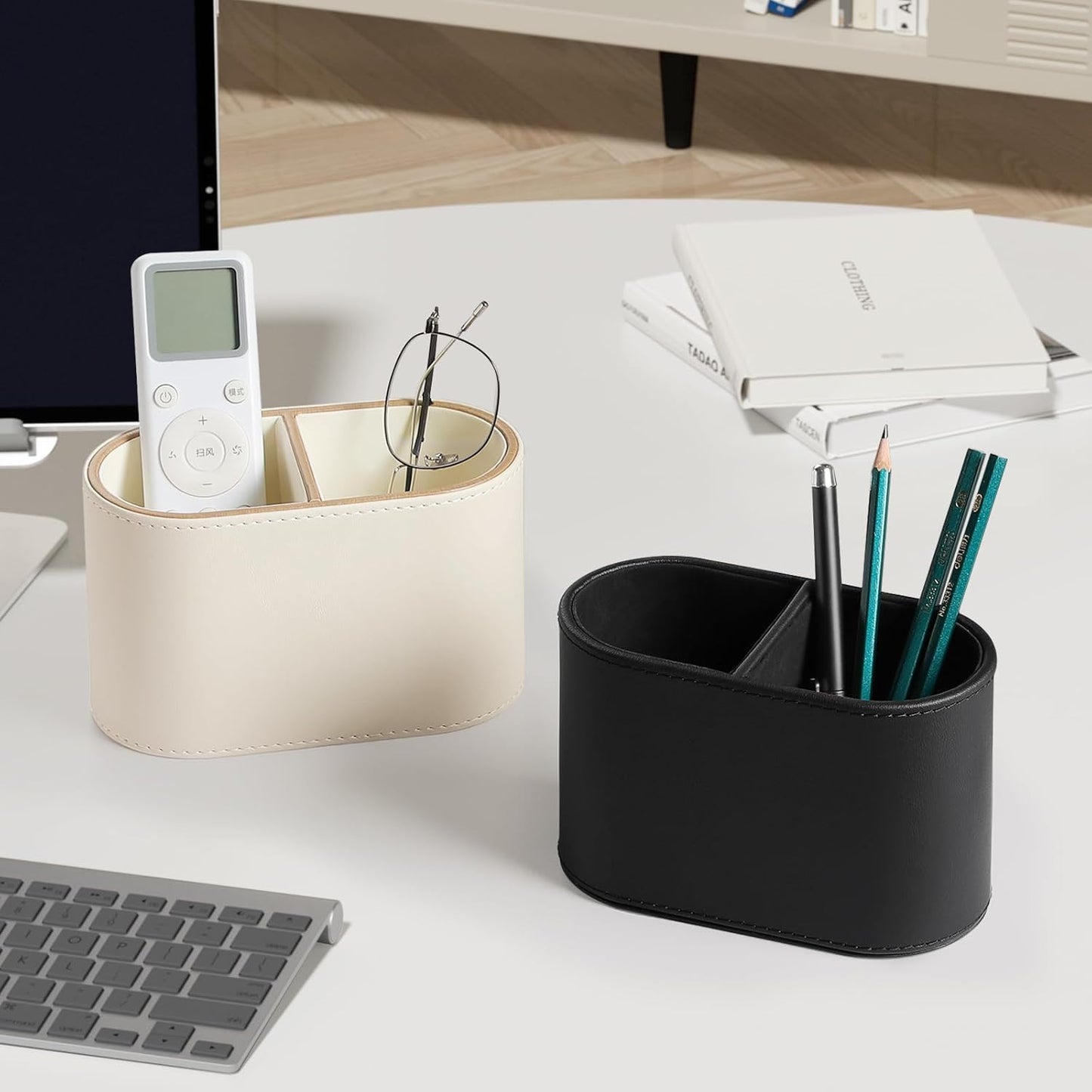 PU Leather Pen Holder for Desk, Small Remote Control Holder Pencil Cup Multifunctional Desktop Organizer Caddy for Home School Office Desk Accessories - 2 Compartments (Black)