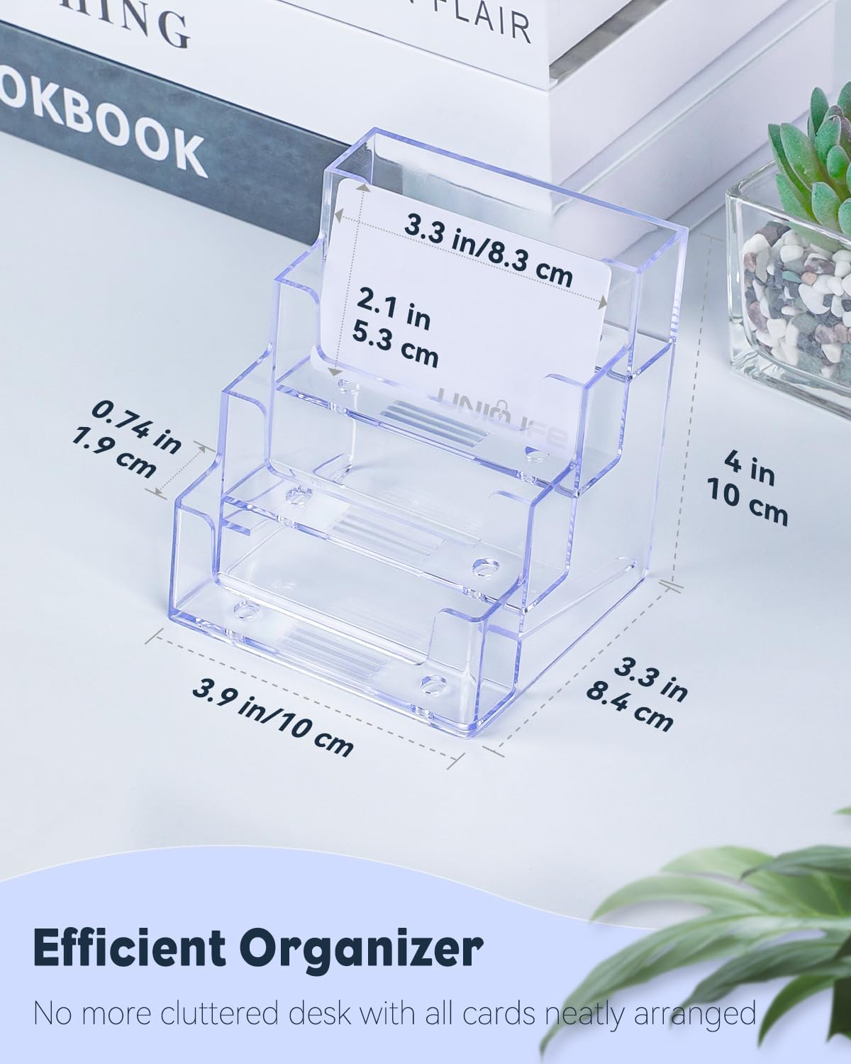 Uniclife 4 Pack Acrylic Business Card Holder for Desk 4 Slots Clear Business Card Display Stand for Men & Women Desktop Business Card Organizer Card Stand for Office Home Exhibition, 240 Card Capacity