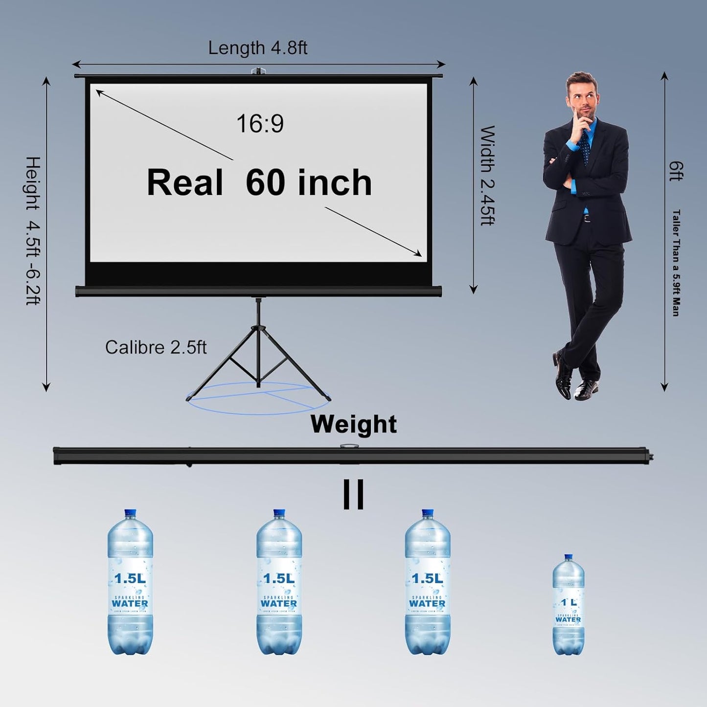 Outdoor Projector Screen with Stand Tripod, Indoor Pull Up Portable Projector Screen, 60 INCH 16:9 Adjustable Projection Screen with Carry Bag for Home Theater Backyard Party Movie Nights