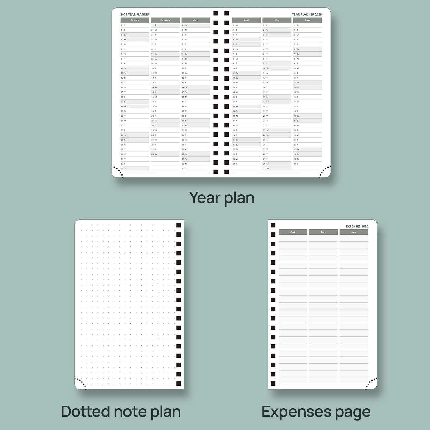 POPRUN Pocket Planner 2025-2026 (Purse Size 4'' x 6.25'') Academic Small Calendar (July 2025 - June 2026) with Hourly Time Slots, 100GSM Thick Papers, Spiral Leather Cover - Pacific Green