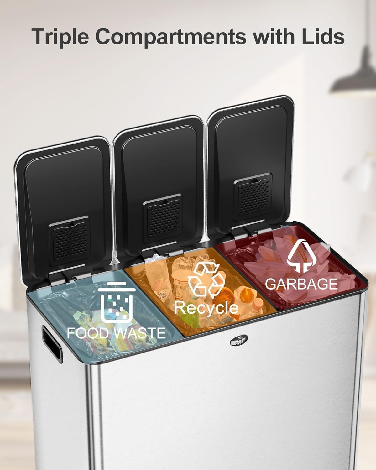 90L/23.8Gal Gallon Three-Compartment Pedal Stainless Steel Kitchen Recycling Trash Can with Odor Seal, Hands-Free Foot Operated Waste Bin for Home, Office, Restaurant, School, Hospital