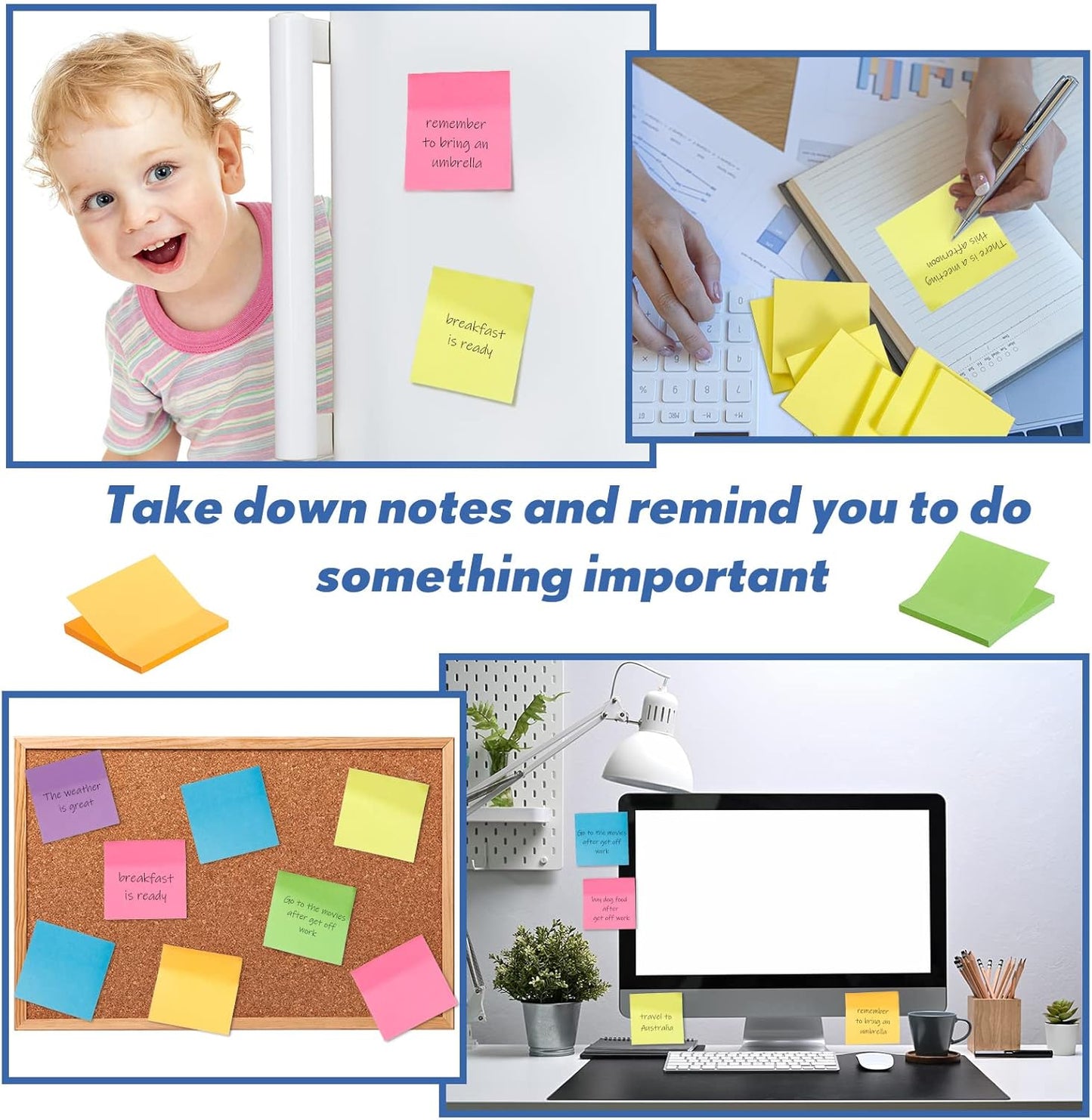 Leinuosen 48 Pack Sticky Notes 3 x 3 Inches Cute Sticky Notes Bright Colors Self Stick Pads Memo Easy to Post for Home Desk Office Notebook, Message Reminder, Stationary Supplies Office Supplies