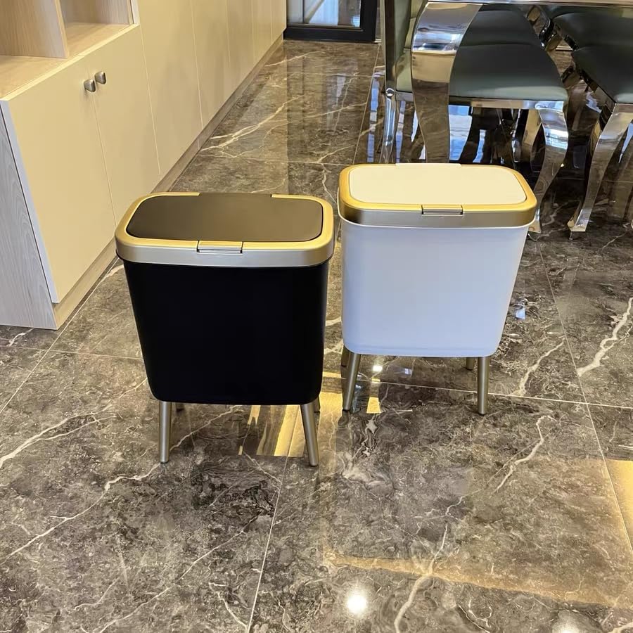 Procade 2Pack Trash Can with Lid, Modern Bedroom Garbage Can with Gold Edge, Slim Kitchen Garbage Bin,4 Gallon Trash Bin Plastic Waste can for Office, Living Room,Toilet,Bathroom (Black+White)