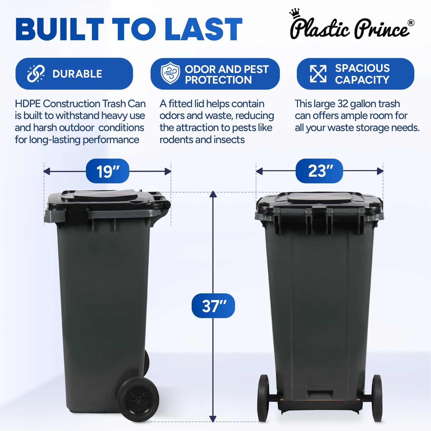 32 Gallon Trash Can with Wheels Outdoor Garbage Can with Lid and Wheels Locking Trash Can Commercial Heavy-Duty Trash Bin Rolling, Plastic Gray