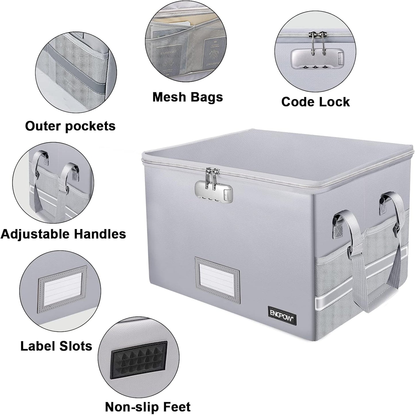 ENGPOW File Box with Lock, Fireproof Document Box with Zipper&Pockets, Collapsible File Organizer Filing Storage Cabinet with Handle, Portable Home Office Safe for Hanging Letter/Legal Folder,Silver