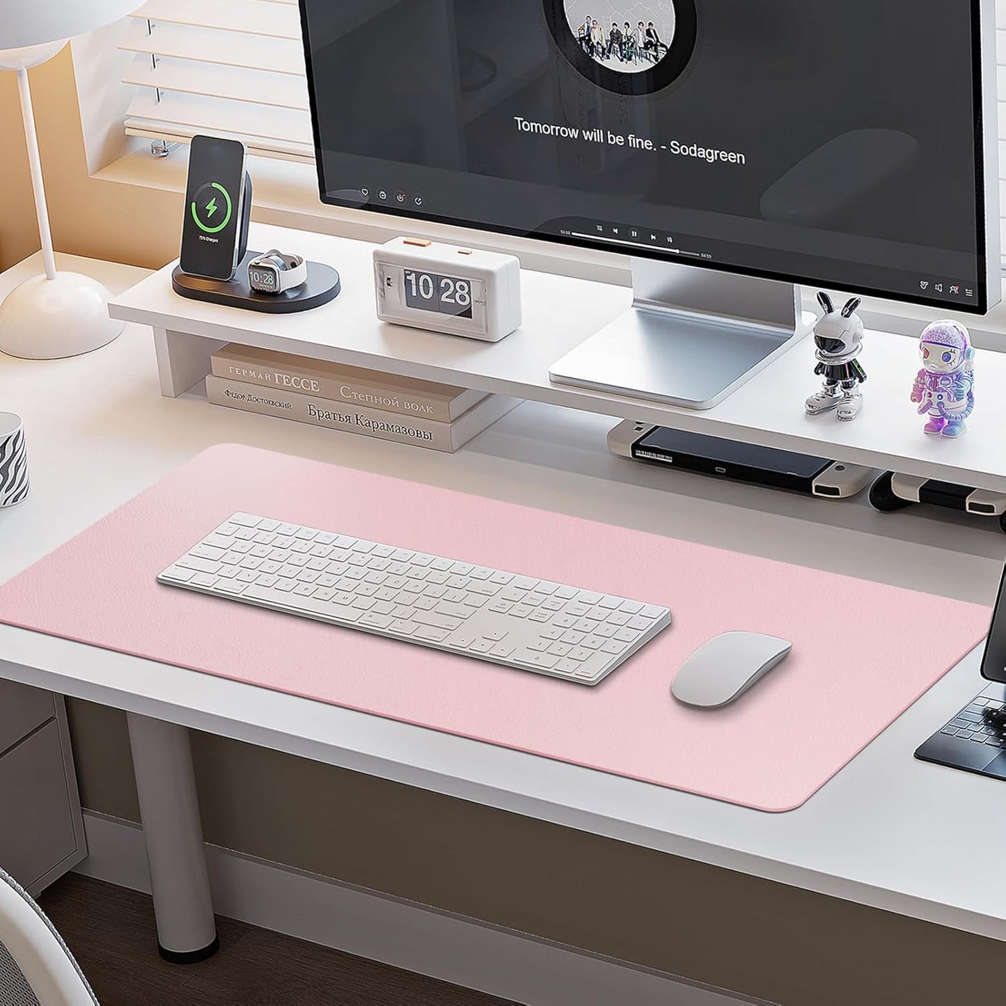 Boutilon Leather Desk Pad Protector,Non-Slip Mouse Pad,Laptop Desk Pad,Office Mouse Mat,Waterproof Leather Desk Blotter,Desk Writing Pad for Office and Home (M-Light Pink,30"x14")