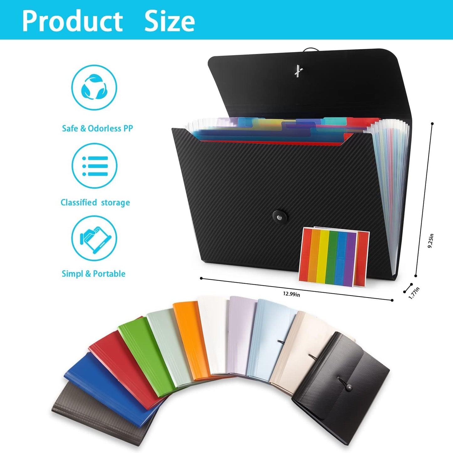 Expanding File Folder, 13 Pockets, White, Polypropylener,for Work, School, Home, Office