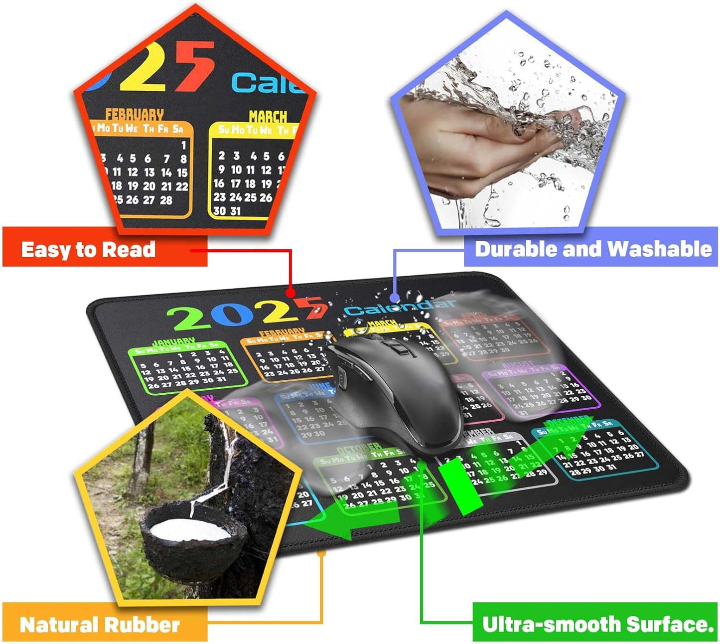 Calendar Mouse Pad 9.5 X 7.8 in, Mouse Pads with Stitched Edges and Non-Slip Rubber Base, Home Office Desk Decor Accessories for Computer Laptop Work Gaming (Black 2025)