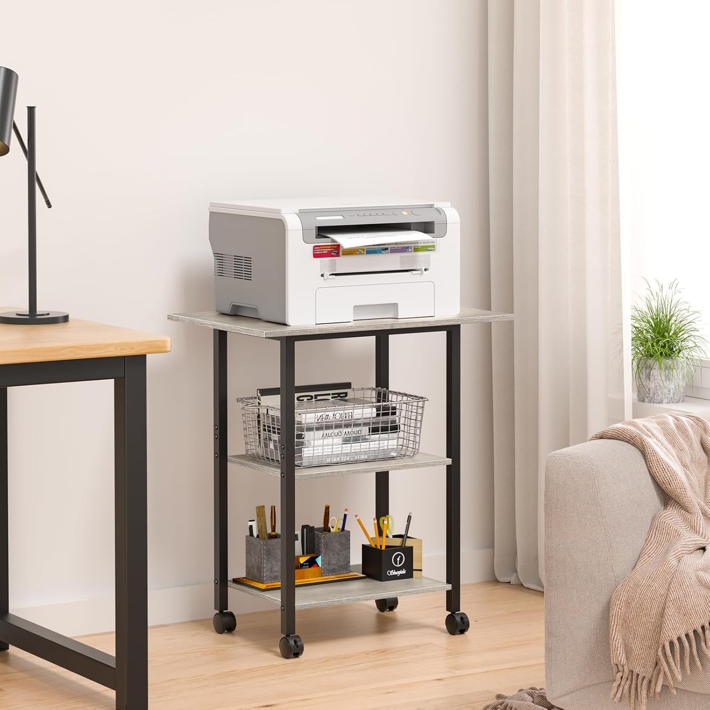 Lerliuo 3-Tier Printer Stand, Industrial Mobile Printer Table with Storage Shelf and Steel Frame, Rolling Printer Cart Holder with Lockable Wheels for Home, Office (Oak)