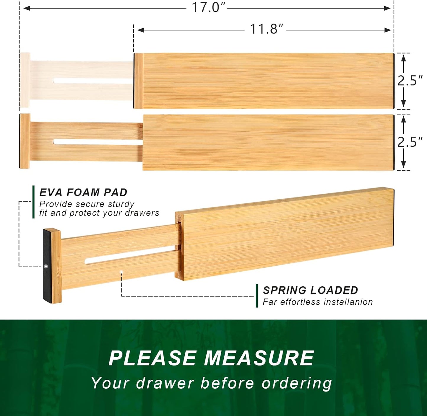 4 Pack Bamboo Drawer Dividers, Adjustable Length from 12 Inch to 17 Inch, Expandable Kitchen Drawer Organizer, Drawer Organization Separators for Clothes, Kitchen, Bedroom, Dresser, Office (Beige)