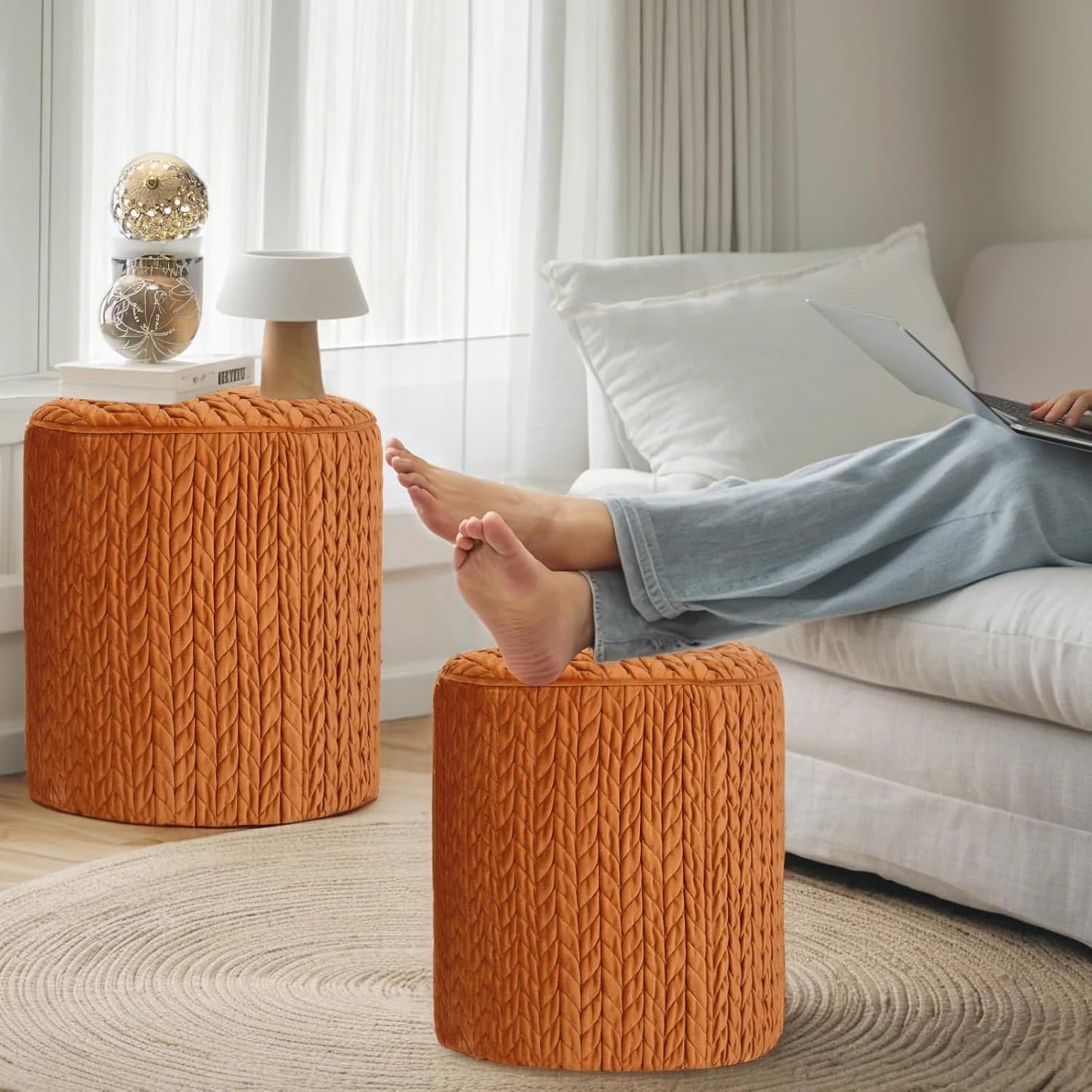 Modern Round Ottoman, Braided-Tufted Foot Stool Ottoman, Velvet Upholstered Vanity Stool for Makeup, Bedroom, Living Room, Dark Orange