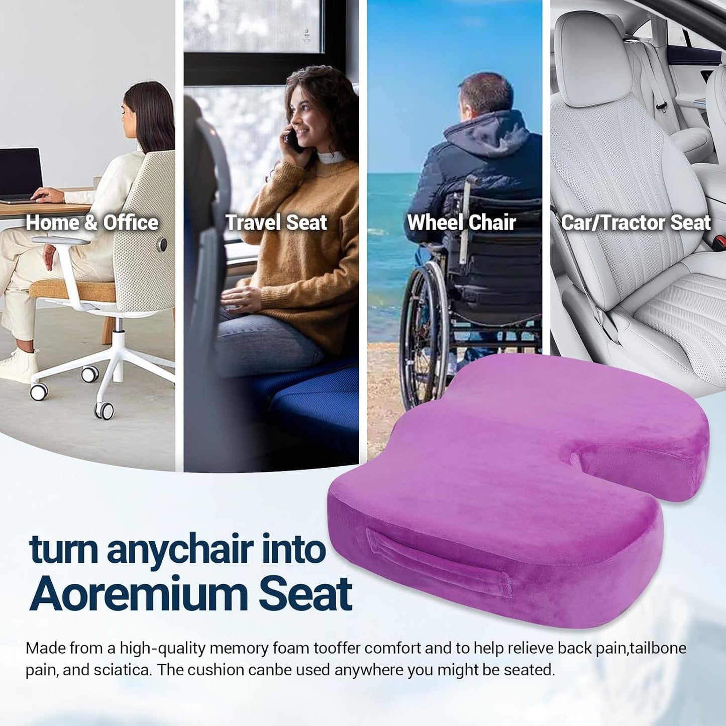 Gel Seat Cushion for Car Office - Memory Foam Pain Relief Chair Pillow Cushions - Tailbone Sciatica Coccyx Butt Lumbar Support Pad for Sitting Driving Traveling, Velvet, Purple