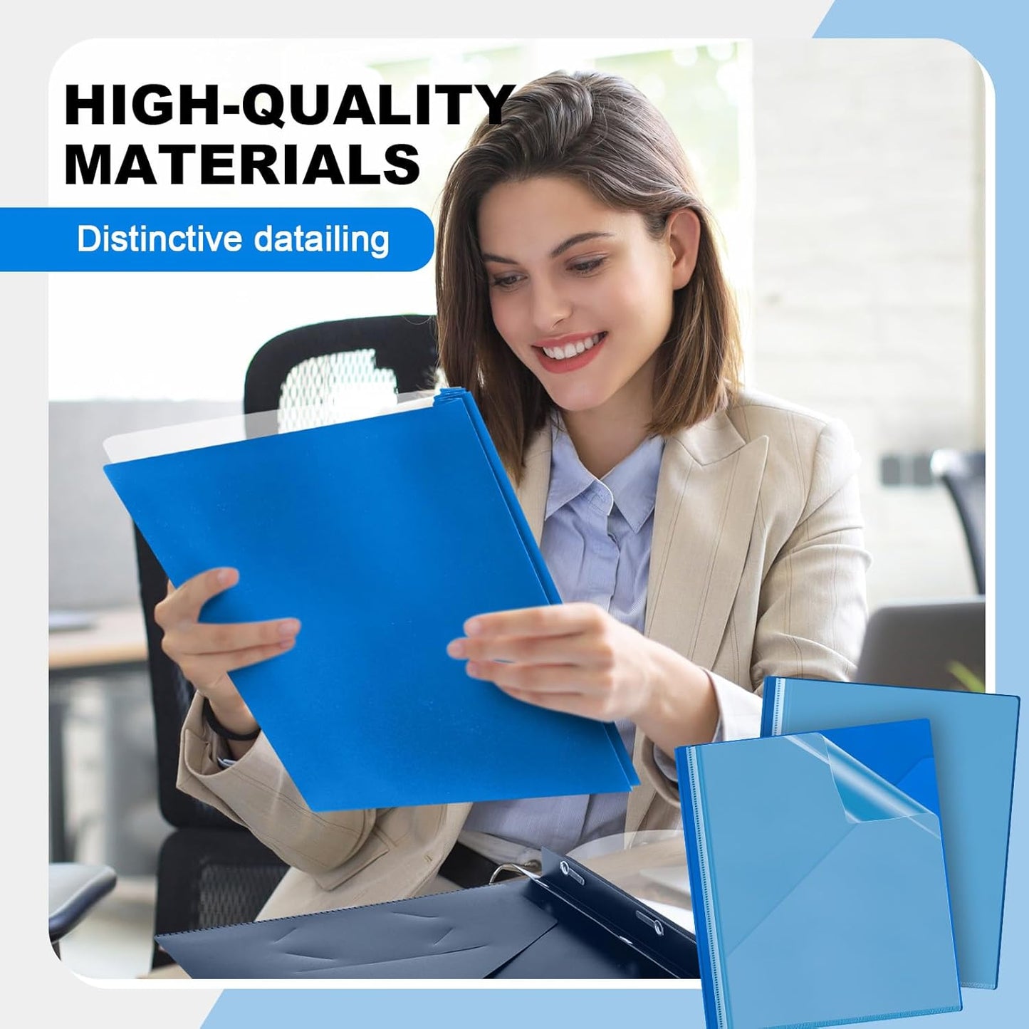 Teling 48 Pcs Clear Front Report Covers with 3 Prongs Fasteners, 11.42 x 9.45 Inch Plastic Book File Covers 90 Sheet Capacity, Presentation Folder with Blue Back Cover for Office Business