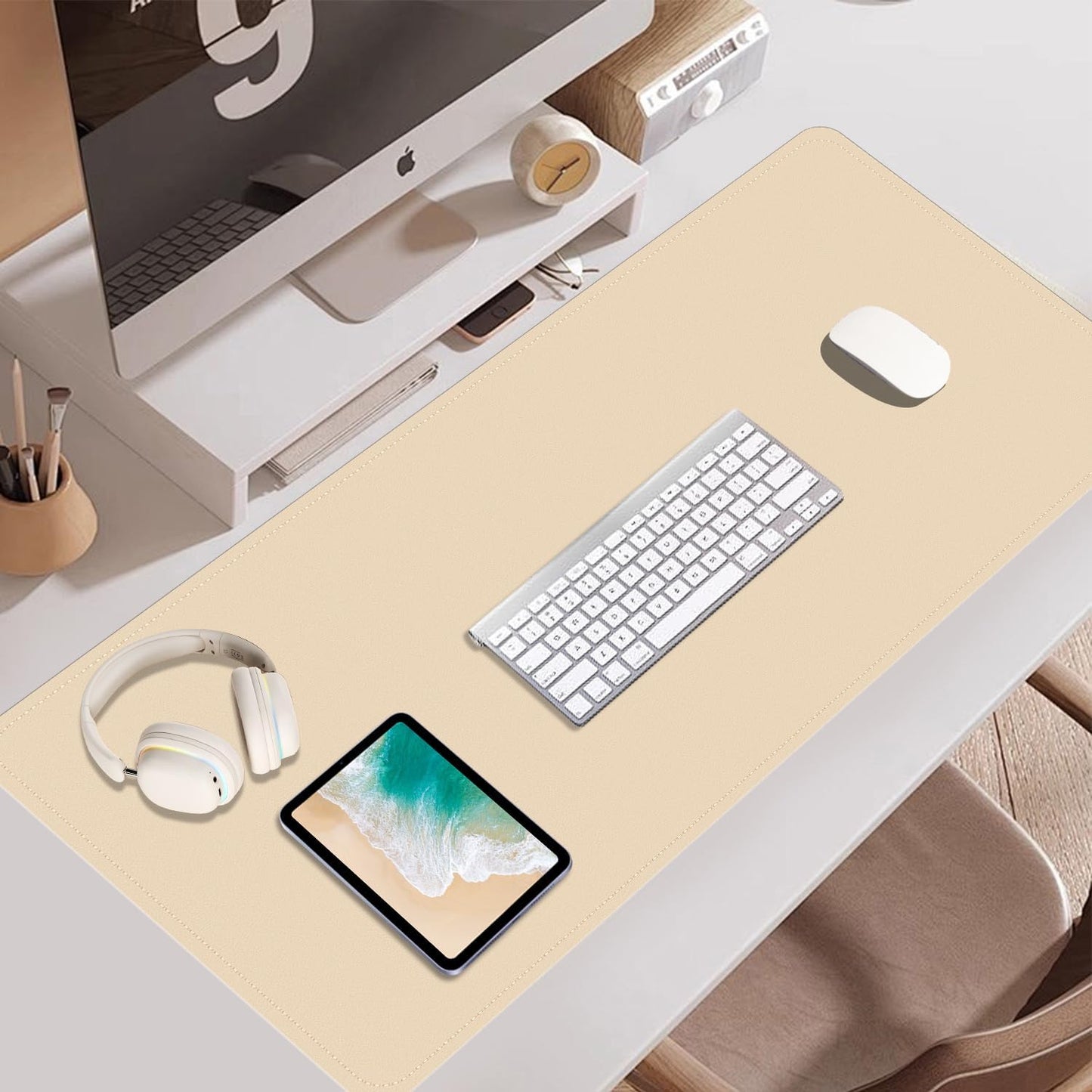 Dual-Sided Desk Pad, Natural Cork & PU Leather Mouse Pad for Desk, Desk Pad Protector, Non-Slip Desk Mat for Office and Home Work, (Apricot, 23.6" x 13.7")