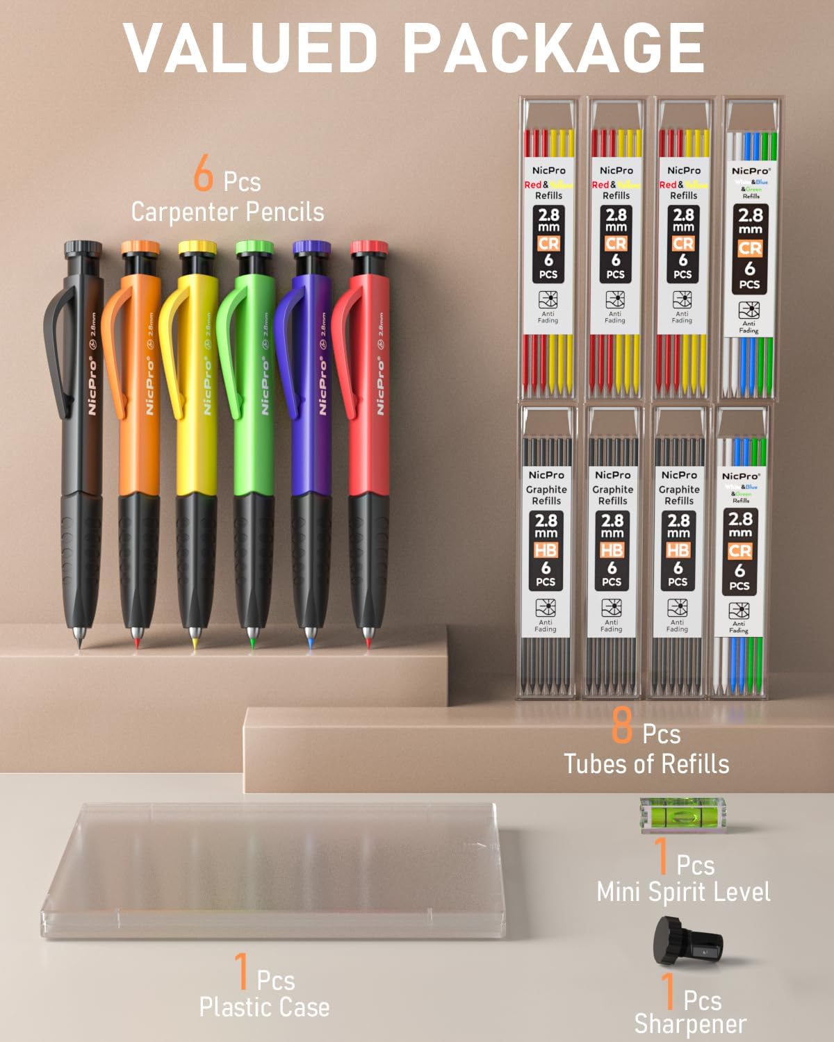 Nicpro 6 Pack Upgraded 3-IN-1 Carpenter Pencil Set with Finger Grip, Construction Pencils with 54 Refill & Mini Spirit Level, Deep Hole Carpenter Tool, Mechanical Carpenter Pencil for Woodworking