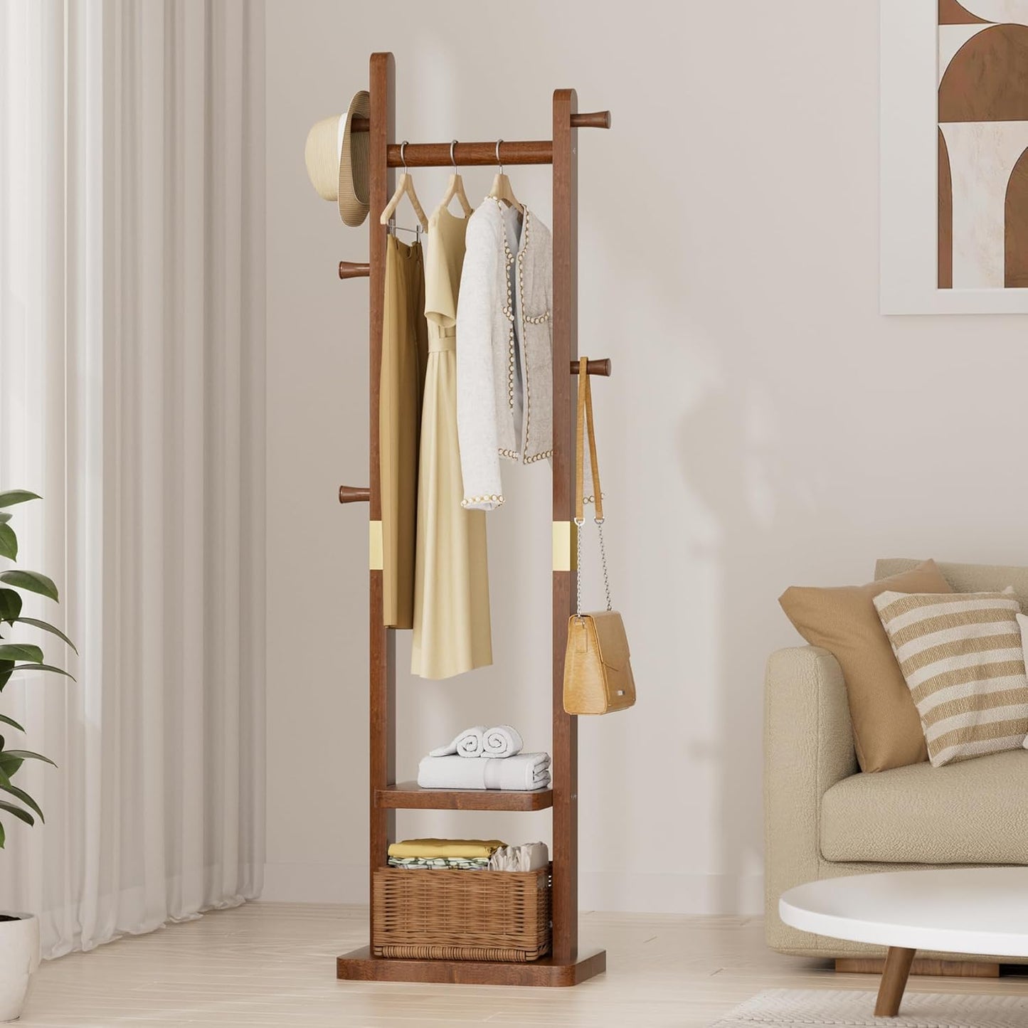 Solid Wood Coat Rack, Coat Rack Freestanding with 2 Shelves and 5 Hooks, Heavy Duty Coat Tree for Entryway,Living room,Coat Hanger Stand for Hats, Bags (Walnut Brown)
