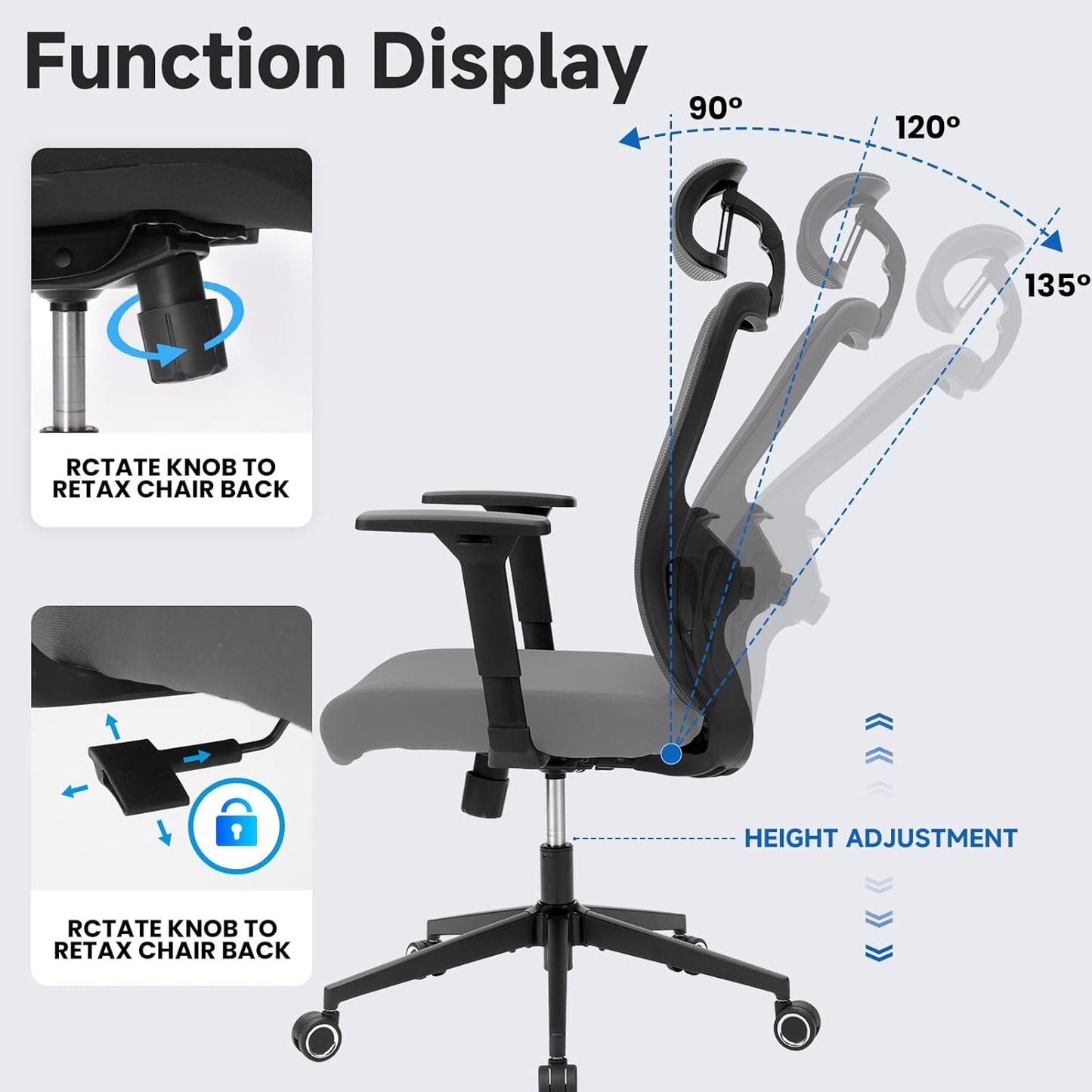 Ergonomic Desk Office Chair, High Back Home Computer Chair with Adjustable Swivel 3D Armrests for Comfort Lumbar Supports Up to 400lbs (Grey)