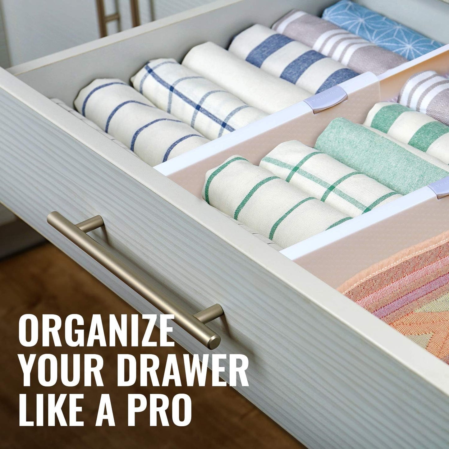 RAPTUROUS Adjustable Drawer Dividers 6 Pack, 4” High, 11-17” Long, Dresser Drawer Organizer for Bedroom, Closet, Kitchen, Nursery, Office, Strong Hold, Soft Foam Edges, White