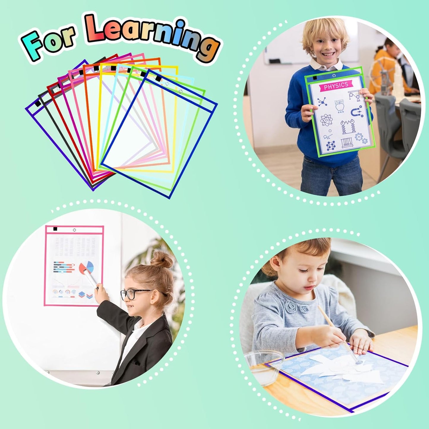 50-Pack Modern Multi-colored Letter Size Dry Erase Pocket Sleeves, 10x14 Ticket Holders