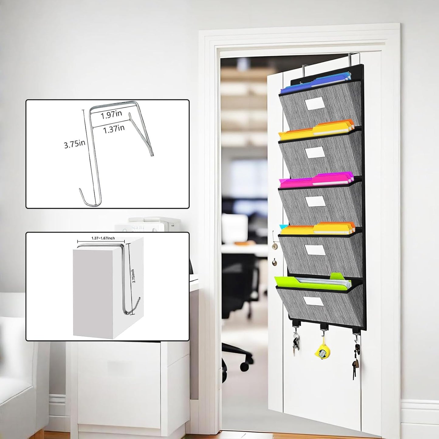homyfort Over the Door File Organizer, Hanging File Folders, Wall Organizers and Storage for Mail, Magazine, Notebooks, Planners, Office, Classroom, 5 Extra Large Pockets, 50.39” Tall (Black)