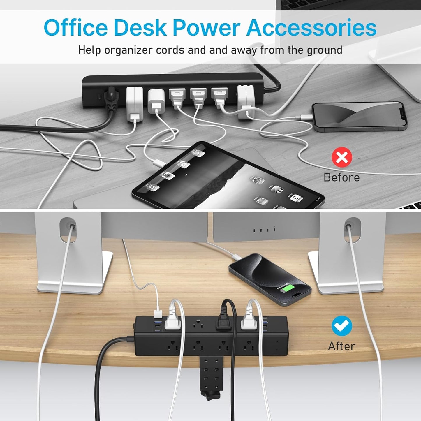CCCEI Desk Outlet Station 20W USB C Port. 12 Outlet Desktop Clamp Power Strip Surge Protector 4800J with Switch. Nightstand Office Standing Desk Accessories Fit Thicker Table Edge or Screw Mount, 10FT