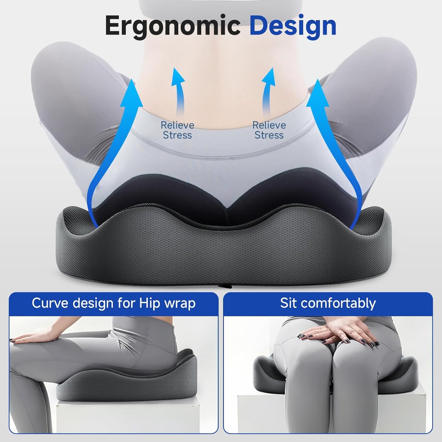Benazcap Memory Foam Office Chair Cushion, Ergonomic Seat Cushion for Sciatica & Tailbone Pain Relief for Long Sitting for Gaming Chair and Car Seat- Black&Gray