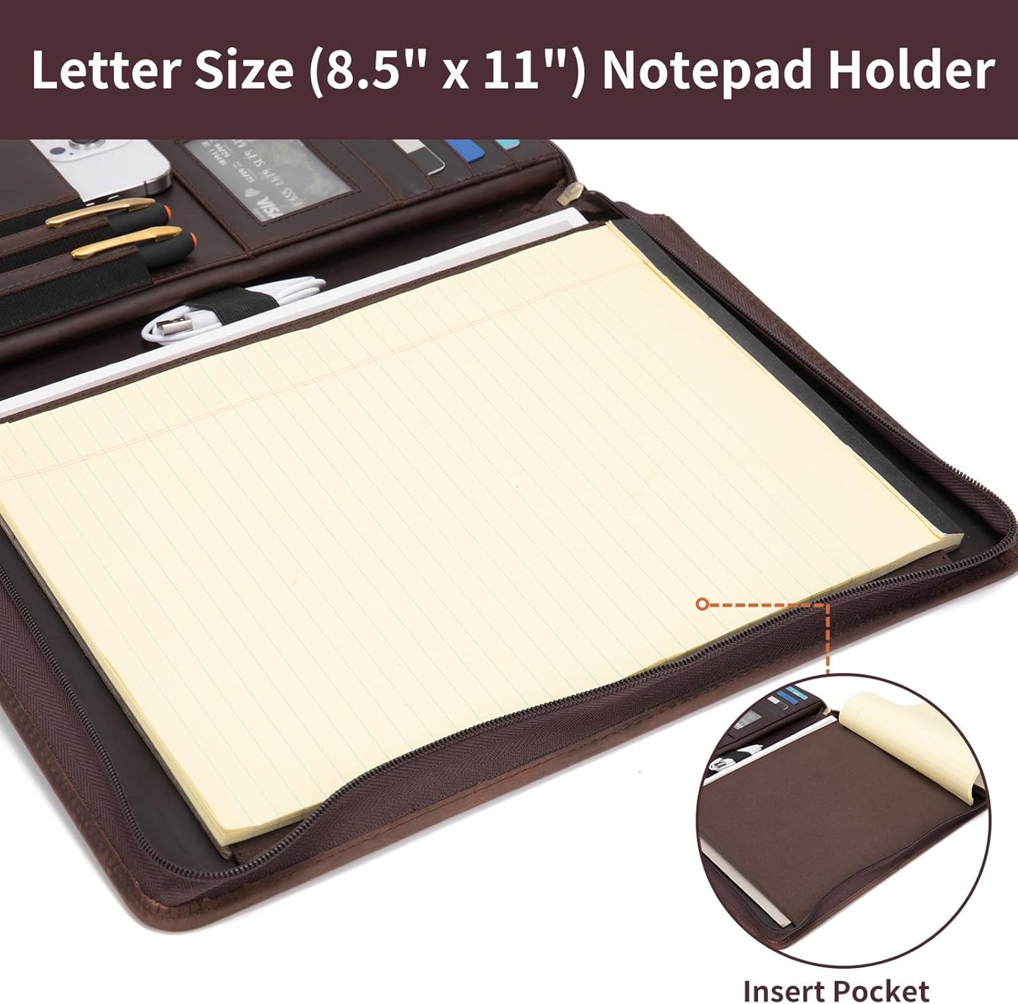 Genuine Leather Portfolio for Women and Men, 8.5 x 11 Legal Pad Padfolio, Zippered Notebook Organizer for 13” Laptop, Business Executive Professional Folio for Work, Dark Brown