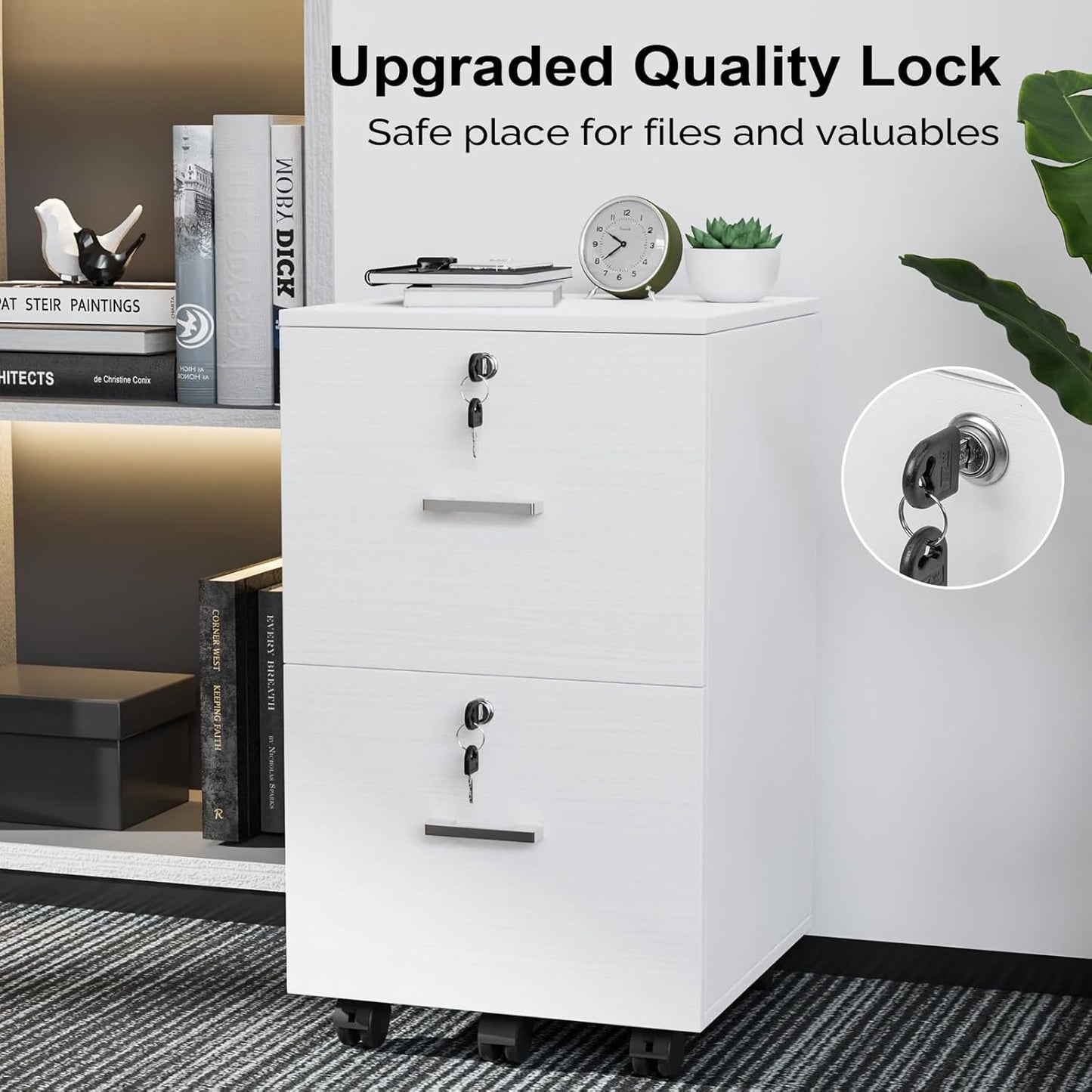 VINGLI 2 Drawer File Cabinet with Lock, Wood Grain White File Cabinets for Letter Size File Folders with Tabs, Mobile Under Desk Filing Cabinets for Home Office, Rolling Filing Cabinet Printer Stand