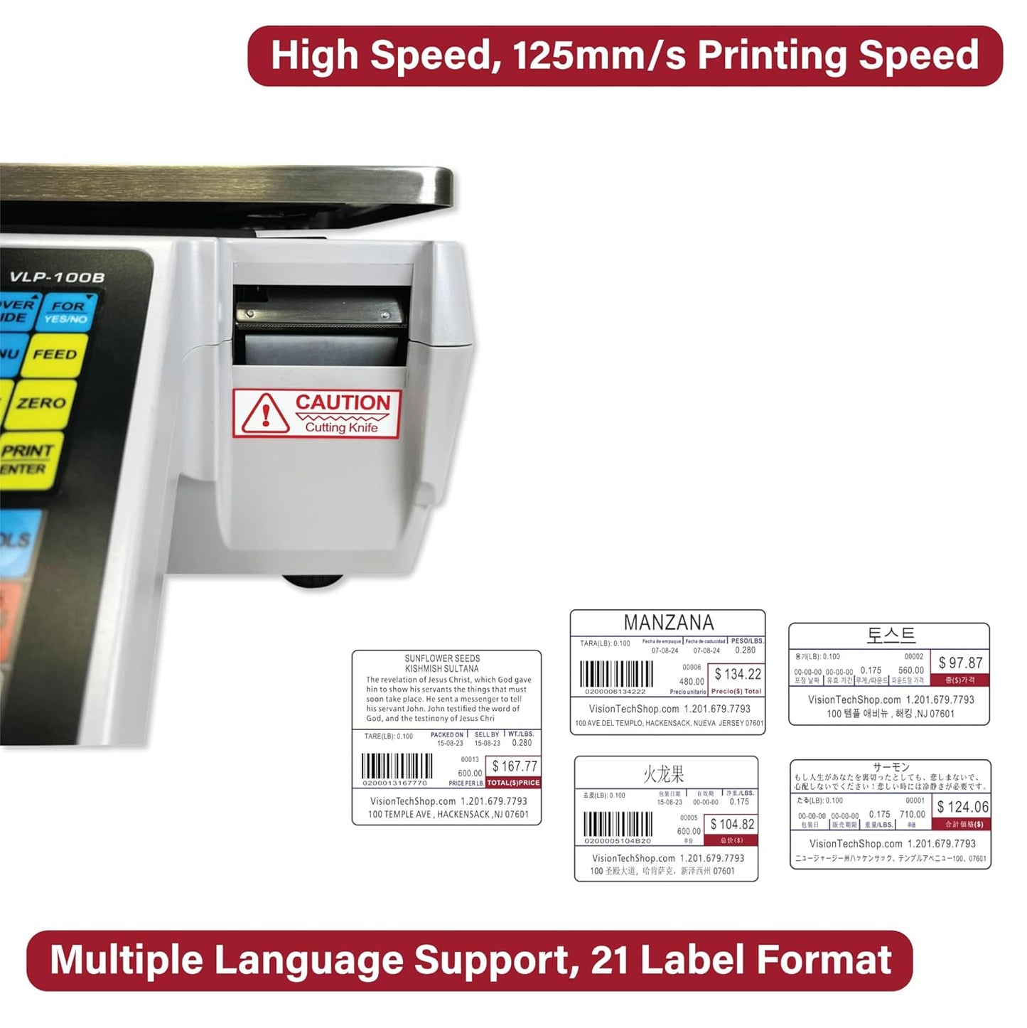 VisionTechShop VLP-100B Label Printing Scale, Capacity 30/60lb Readability 0.01/0.02lb, NTEP Legal for Trade, (Chinese Option)