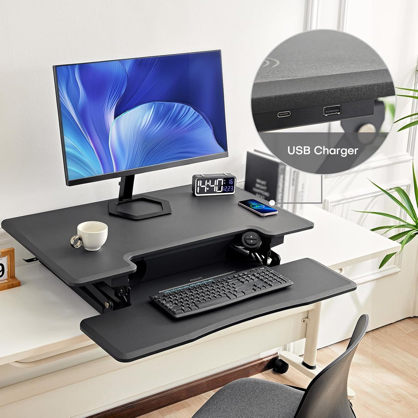Redlife 46 inch Electric Standing Desk Converter, Height Adjustable Sit to Stand Desk Riser Extra Large Dual Monitor and Laptop Workstation with Keyboard Tray & Wireless Charging Station, Grey
