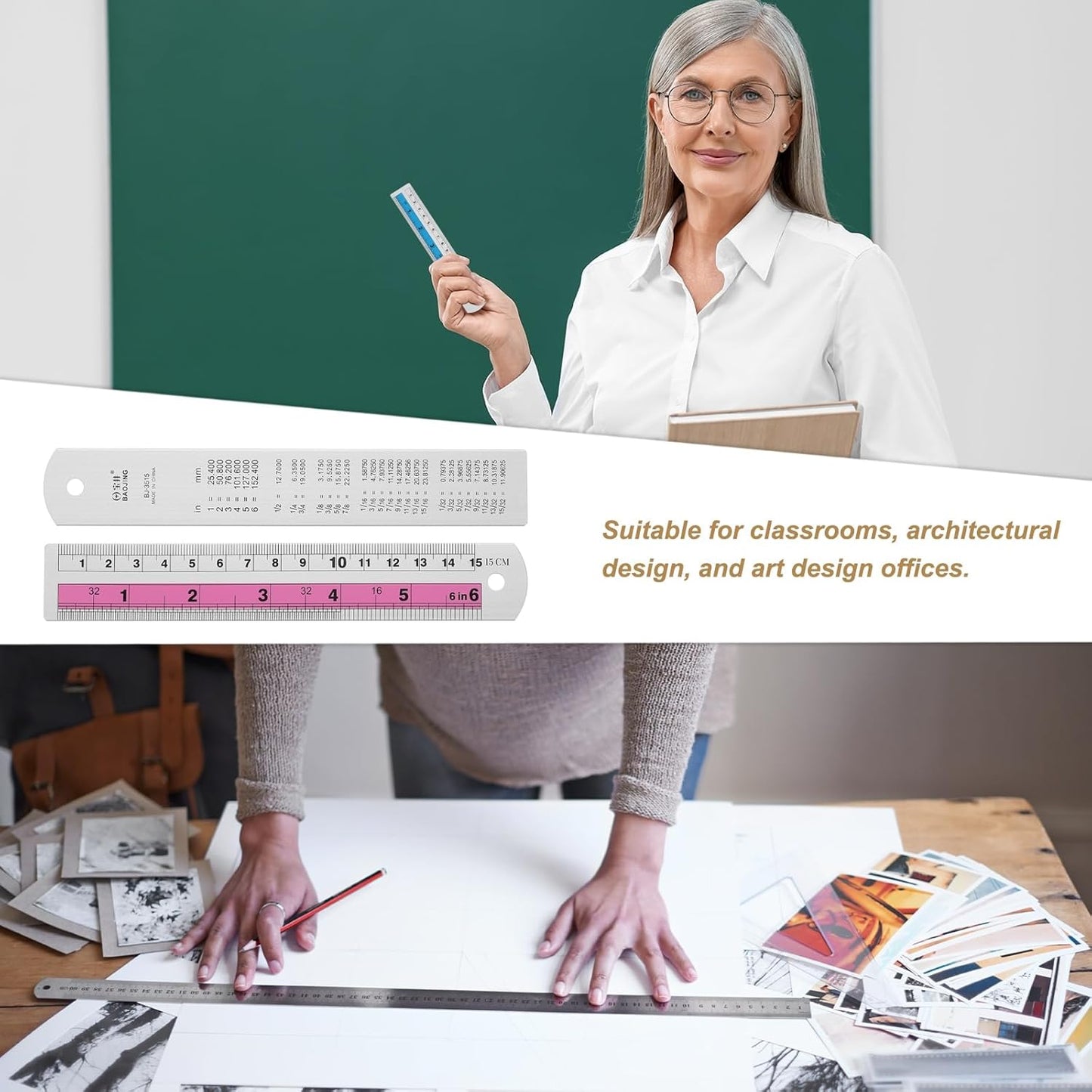 HARFINGTON 6pcs Metal Straight Ruler 15cm Metric SAE Aluminum Alloy Measuring Rulers Scale Tools with Hole for Measure Study Reading Classroom Office, Pink