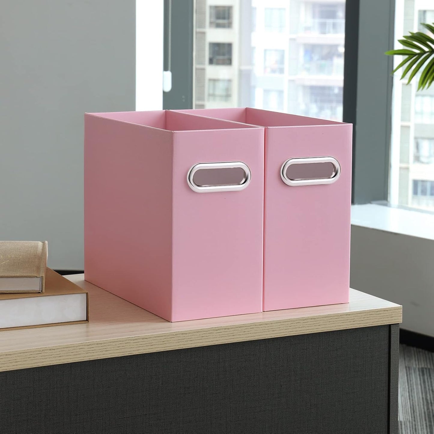 Oterri File Organizer, 8 Packs Small Storage Box, Cardboard File Folder Organizer, Collapsible File Box for Hanging File Folders Letter Size, Portable Filing Organizer with Handle (Pink