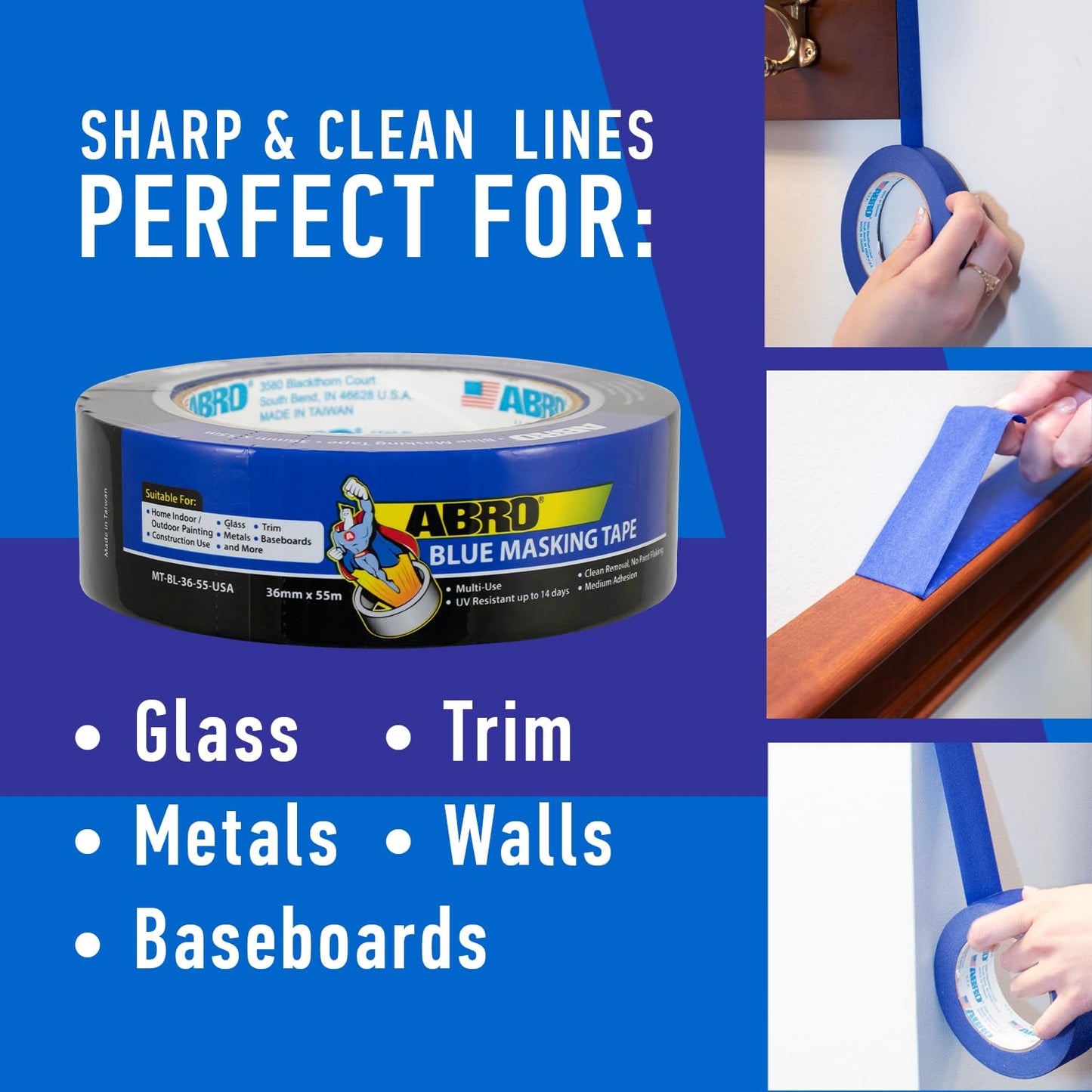 ABRO Blue Painters Tape 1 Inch Wide, 24mm x 55M, All Purpose Blue Tape, Temporary Labeling, Easy Tear, Clean Removal, Masking Tape Colored DIY or Pro