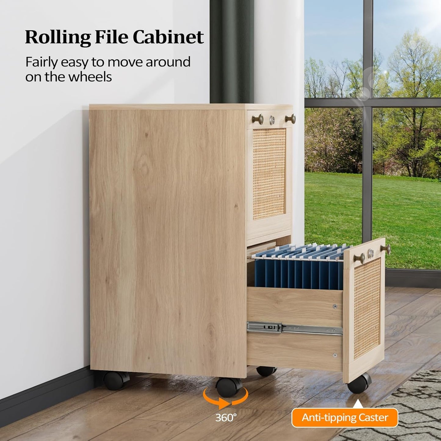 VINGLI 2 Drawer File Cabinet with Lock, Rolling File Cabinets for Home Office, Small Printer Stand, Wood Rattan Oak File Organizer, Under Desk Filing Cabinet on Wheels for Folders with Tabs