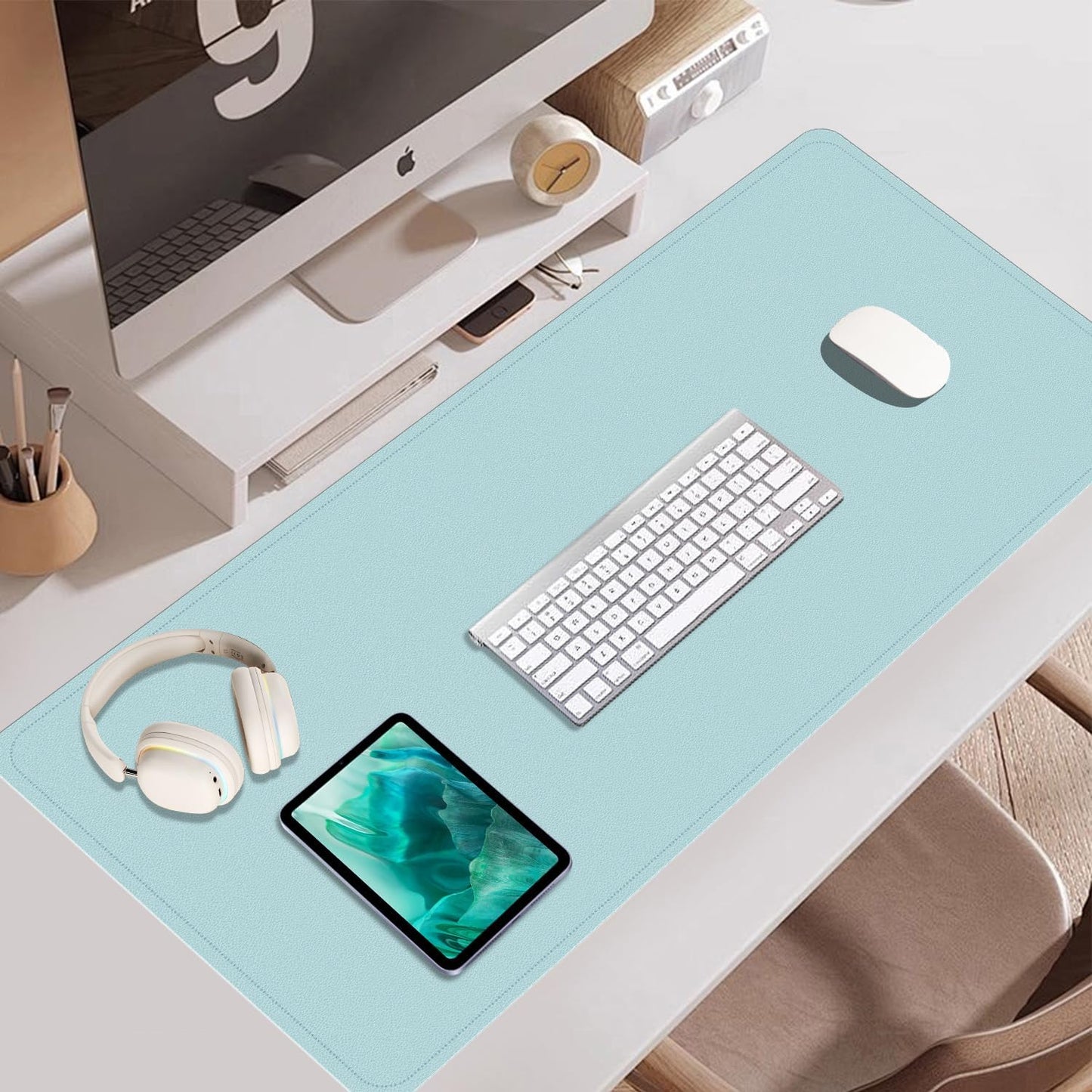 Large Desk Pad, 55'' x 17'', Office Desk Mat, Computer Mat for Desk, Leather Desk Pad for Home & Office, Light Blue