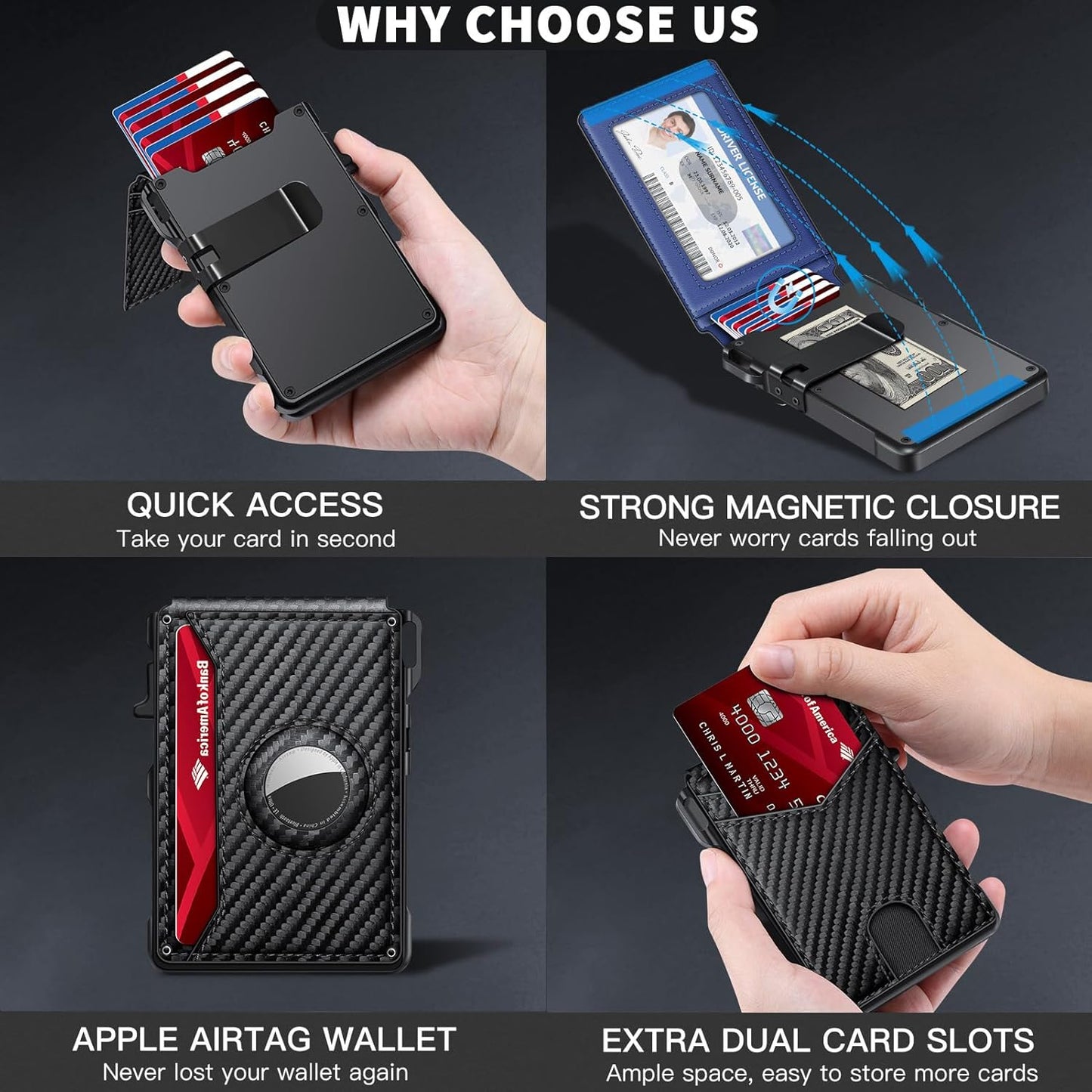 Airtag Wallet for Men, Mens Smart Wallet for Air Tag RFID Blocking, Minimalist Bifold Pop Up Aluminum Credit Card Case Holder 12+ Cards with ID Window, Gift for Men, No Airtag Included, Carbon Blue