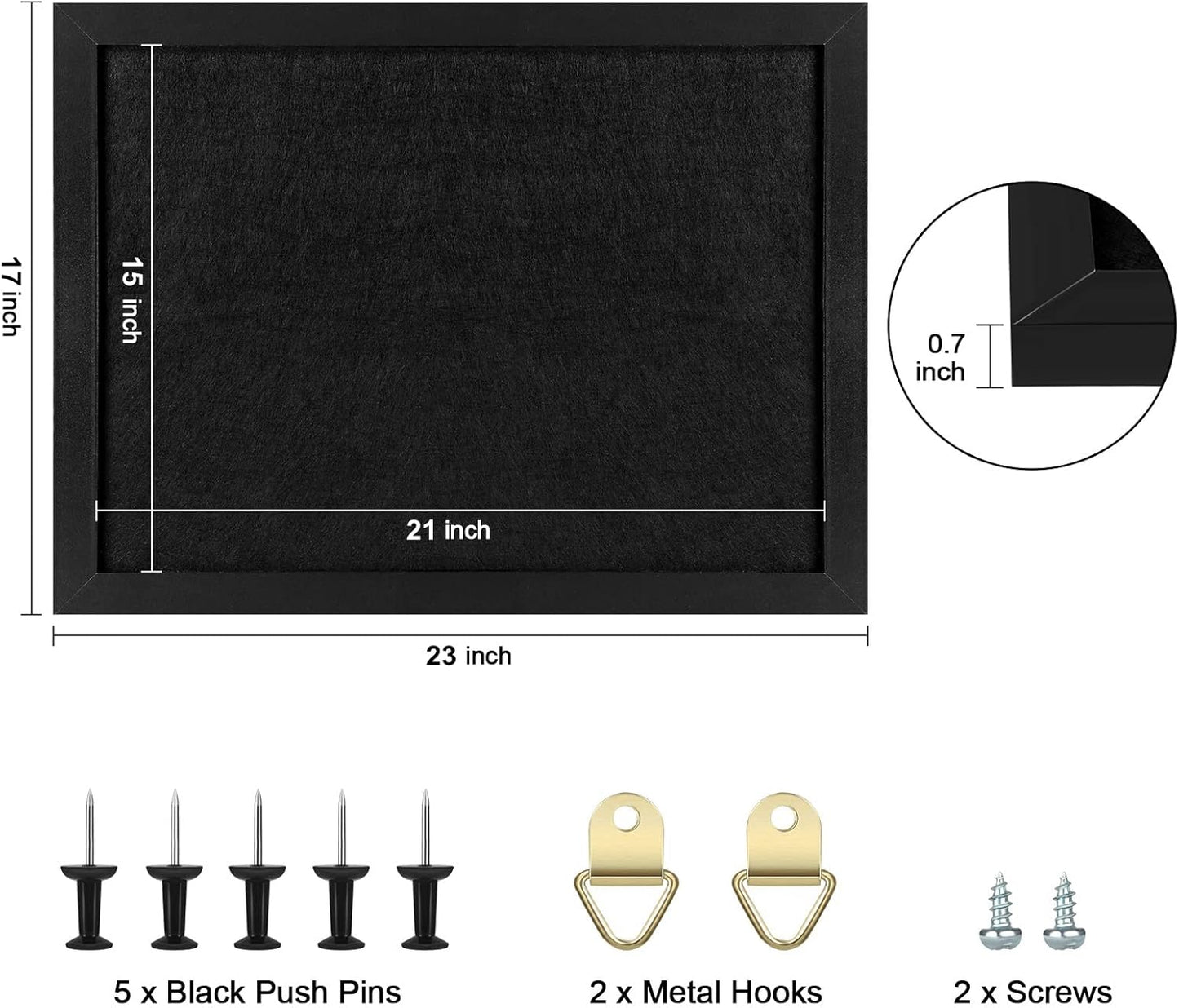 TORASO Cork Board Bulletin Board, Cork Boards for Walls with Pins, Eye Bolts, gaskets, Screws, Pin Board for Office, School and Home (All Black, 17“x23-1P)