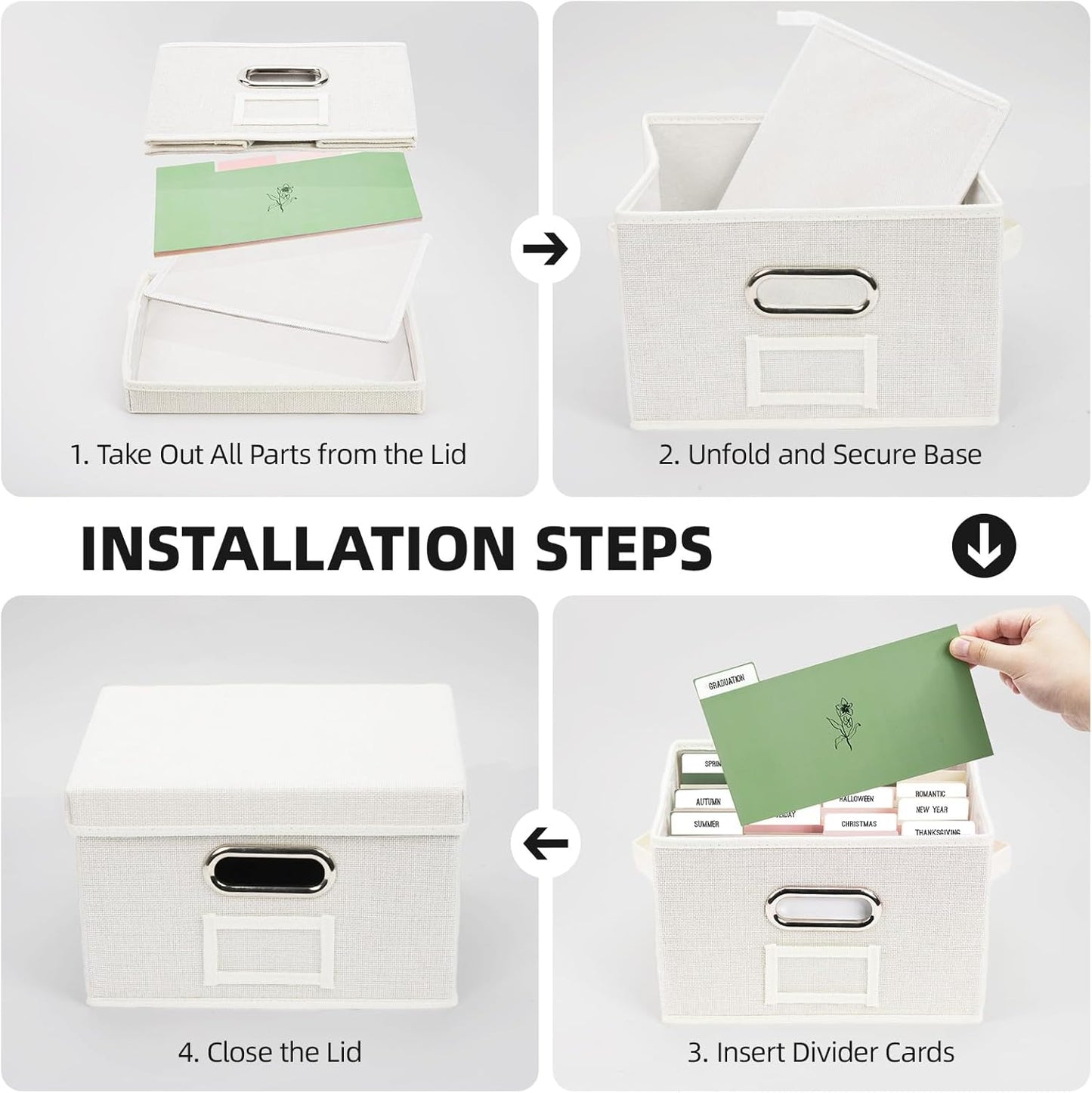 Greeting Card Storage Box, Linen Storage Box with 32 Adjustable Dividers, 168 Labels, 2 Marker Pen, Perfect for Organizing Greeting Cards, Envelopes, Photos 2 Pack Ivory