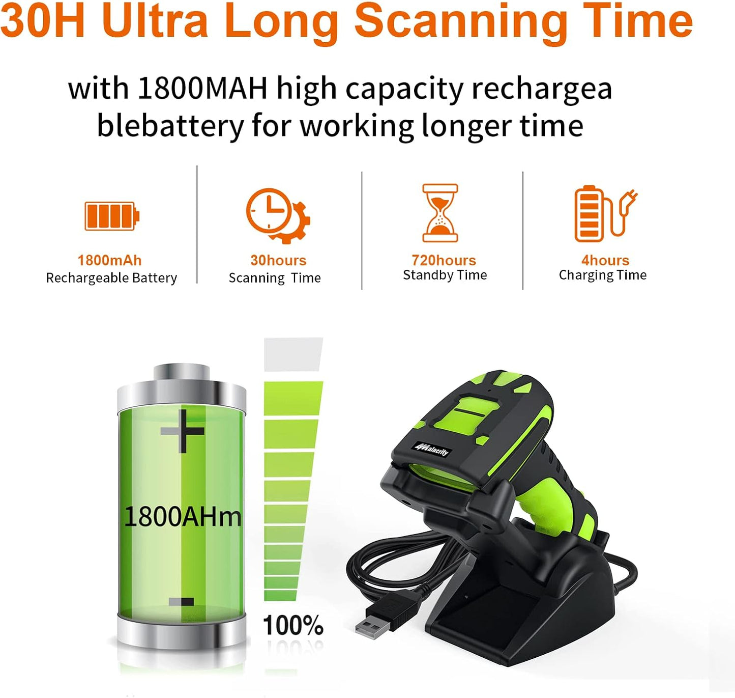 Alacrity 2D Industrial Wireless Barcode Scanner with Charging Stand, Bluetooth Drop Resistant, 1968 Feet Transmission Distance 433Mhz QR 1D Bar Code Reader