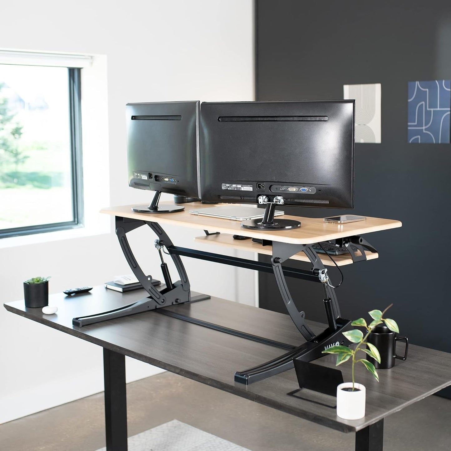 VIVO 36 inch Height Adjustable Stand Up Desk Converter, V Series, Quick Sit to Stand Tabletop Dual Monitor Riser Workstation, Light Wood Top, Black Frame, DESK-V000VO